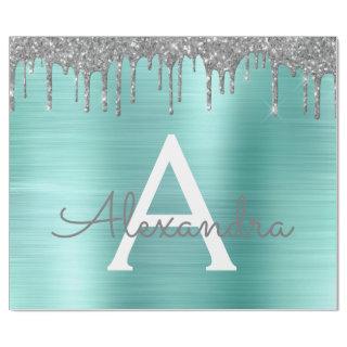 Silver Teal Glitter Brushed Metal Monogram Name