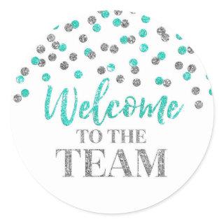 Silver Turquoise Confetti Welcome to the Team Classic Round Sticker