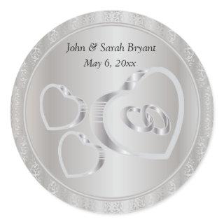 Silver Wedding Hearts and Rings Classic Round Sticker
