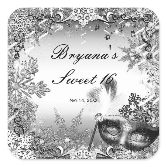 Silver White Black Masquerade & Winter Snowflakes Square Sticker