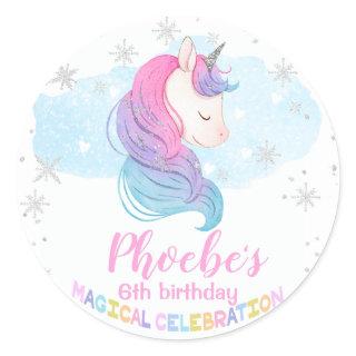 Silver Winter Unicorn Birthday Classic Round Sticker