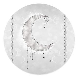 Silvery White Crescent Moon Stars Engagement Party Classic Round Sticker