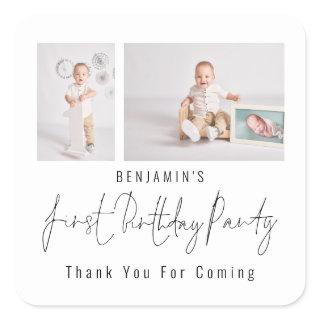 Simple 2 Photo Script First Birthday Party Thanks Square Sticker