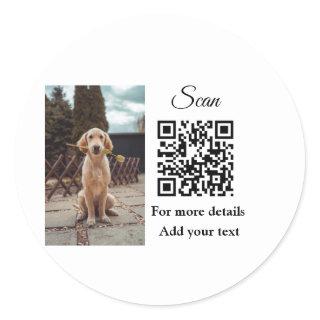Simple animal name details QR code add text photo  Classic Round Sticker