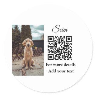 Simple animal name details QR code add text photo  Classic Round Sticker