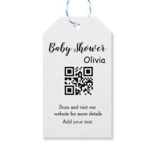 Simple baby shower website barcode QR add name det Gift Tags