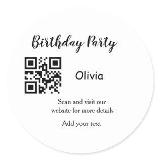 Simple birthday party website barcode QR add name  Classic Round Sticker