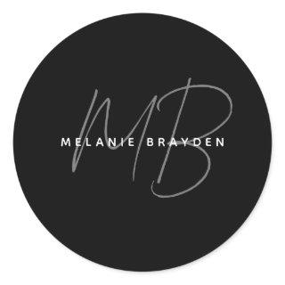 Simple Black Minimalist Two Monogram Name Classic Round Sticker