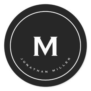 Simple Black White Classic Monogram Classic Round Sticker