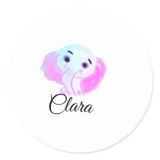 Simple blue pink baby elephant watercolor add name classic round sticker