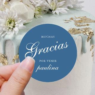 Simple Blue White Quinceañera Gracias Script Name Classic Round Sticker