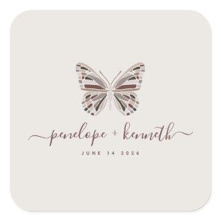 Simple Boho Butterfly Burgundy Taupe Wedding Square Sticker