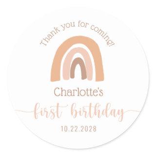 Simple Boho Rainbow Pink Pastel First Birthday Classic Round Sticker