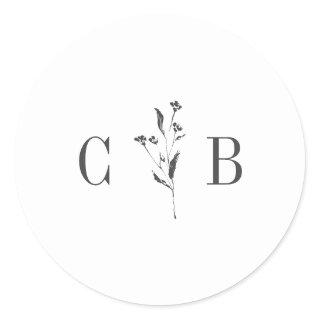Simple Botanical White Monogram Initial Wedding Classic Round Sticker
