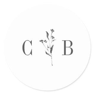 Simple Botanical White Monogram Initial Wedding Classic Round Sticker