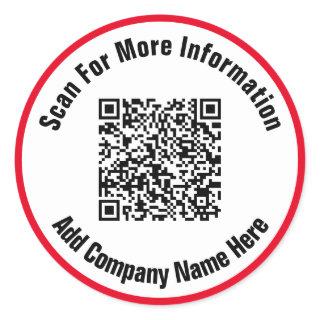 Simple Bright Red and White Text Scan QR Code  Classic Round Sticker