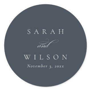 Simple Chic Elegant Script Black Navy Wedding Classic Round Sticker