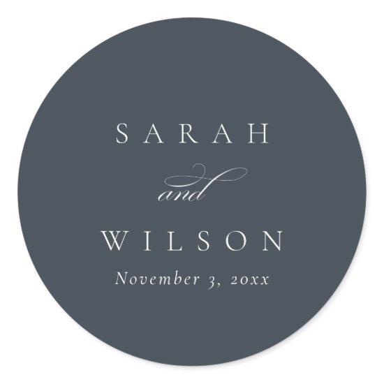 Simple Chic Elegant Script Black Navy Wedding Classic Round Sticker