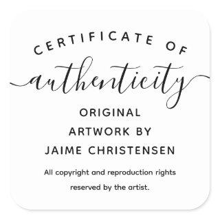 Simple Chic Script Certificate of Authenticity Square Sticker