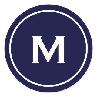 Simple Classic Monogram Navy Blue White Classic Round Sticker