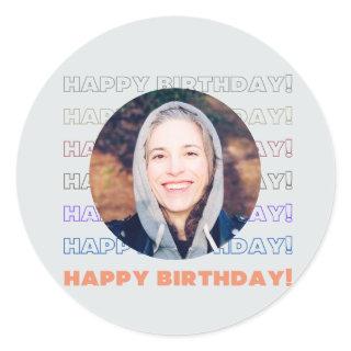 Simple Colorful Happy Birthday Custom Add Photo  Classic Round Sticker