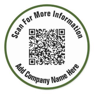 Simple Dark Green and White Text Scan QR Code  Classic Round Sticker