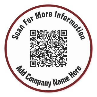 Simple Dark Red and White Text Scan QR Code  Classic Round Sticker