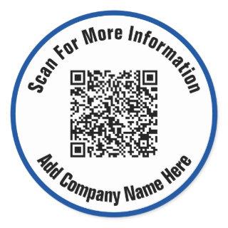 Simple Deep Blue and White Text Scan QR Code  Classic Round Sticker