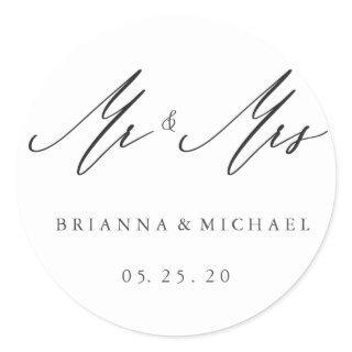 Simple Elegant Calligraphy Mr and Mrs Wedding Classic Round Sticker