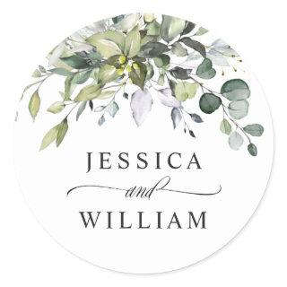 Simple Elegant Eucalyptus Watercolor Wedding Classic Round Sticker
