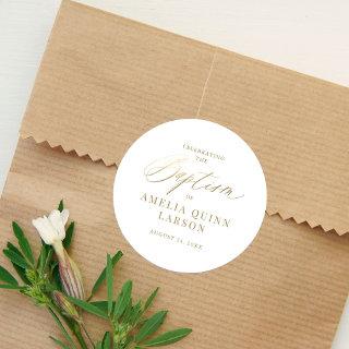 Simple Elegant Gold Calligraphy Script Baptism Classic Round Sticker