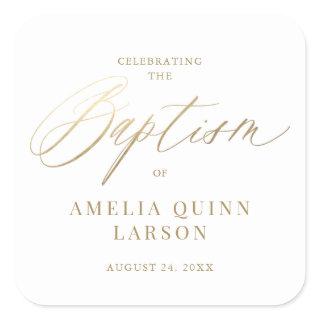 Simple Elegant Gold Calligraphy Script Baptism Square Sticker