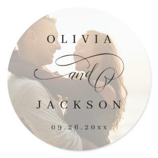 Simple elegant romantic script photo wedding favor classic round sticker