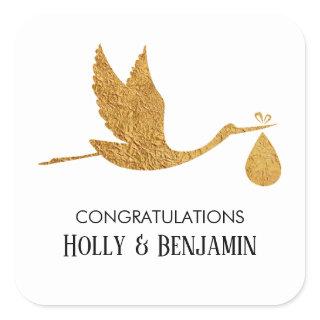 Simple Faux Gold Stork Congratulations Baby Shower Square Sticker