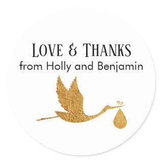 Simple Faux Gold Stork Love & Thanks Baby Shower Classic Round Sticker