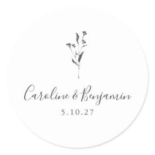 Simple Floral Script White Boho Wedding Custom Classic Round Sticker