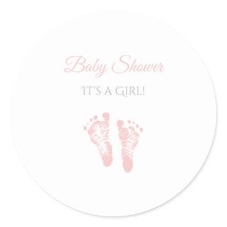 Simple Girl Baby Shower Precious Pink Footprints Classic Round Sticker