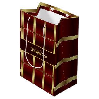 Simple Gold And Burgundy Checkered Monogrammed Medium Gift Bag