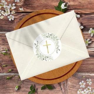 Simple Gold Cross Watercolor Greenery Classic Round Sticker
