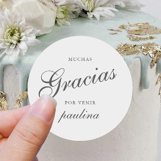 Simple Gray White Quinceañera Gracias Script Name Classic Round Sticker