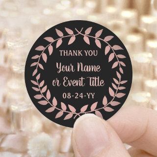Simple Laurel Wreath Black and Pink Thank You Classic Round Sticker
