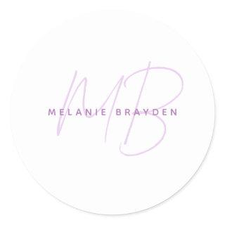 Simple Lavender Minimalist Two Monogram Name Classic Round Sticker