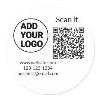 Simple minimal q r code add logo scan code name we classic round sticker