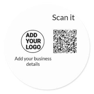 Simple minimal q r code add logo scan code name we classic round sticker
