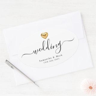 Simple Modern Gold Heart Wedding Oval Sticker