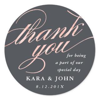 Simple Modern Rose Gold Script Thank You Favor Classic Round Sticker