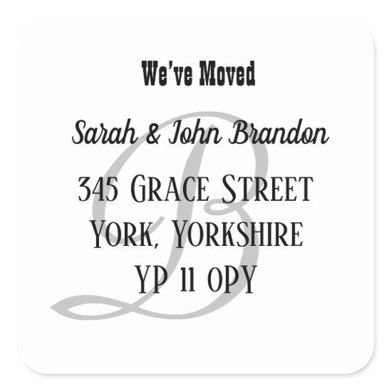 Simple Monogram We’ve Moved Announcement Square Sticker