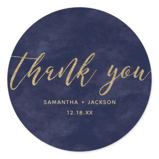 Simple Navy Watercolor & Gold Monogram Wedding Classic Round Sticker