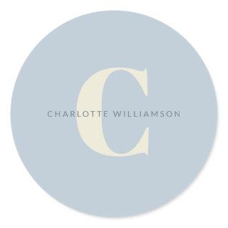 Simple Personalized Monogram and Name in Blue  Classic Round Sticker