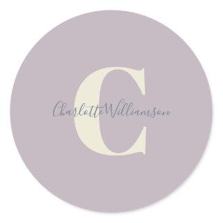 Simple Personalized Monogram and Name in Lilac  Classic Round Sticker